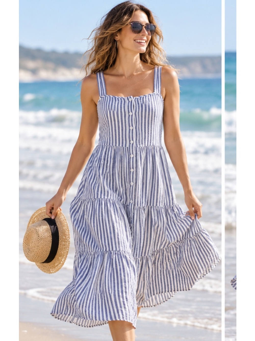 Madewell Linen Blue White Striped Tiered Midi Dress nautical coastal chic boho S